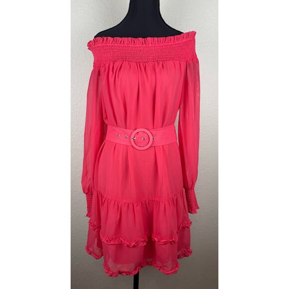 BCBGeneration Pink Ruffle Off the Shoulder Dress Size 6 NWT - Picture 1 of 6